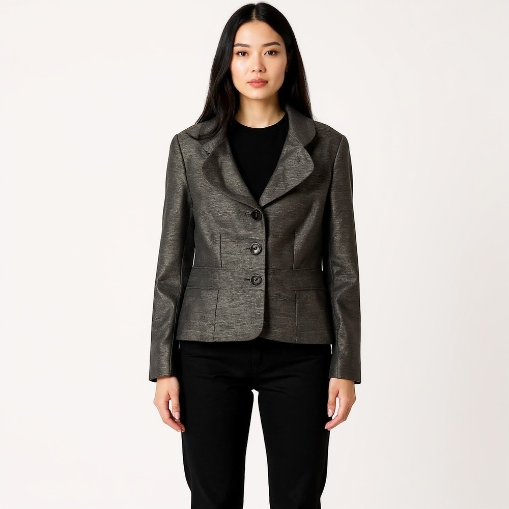 Le Suit Womens Metallic Charcoal Gray Textured Blazer Leopard Print Lining SZ 16